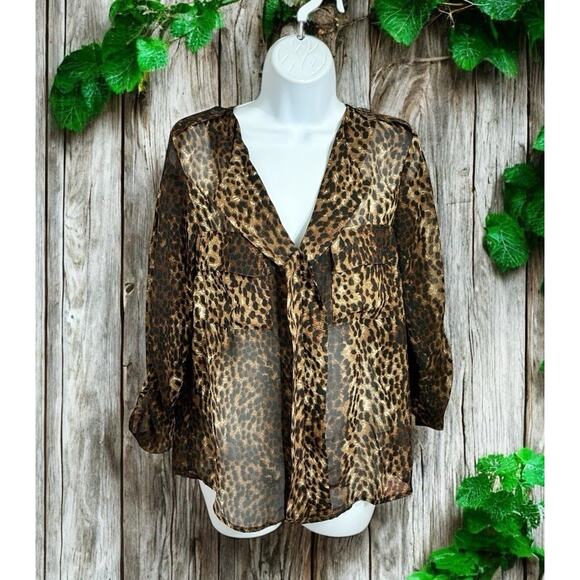 Timing Animal Print Blouse Sz M Semi Sheer V-Neck Roll Tab Long-Sleeve Top - Picture 1 of 6